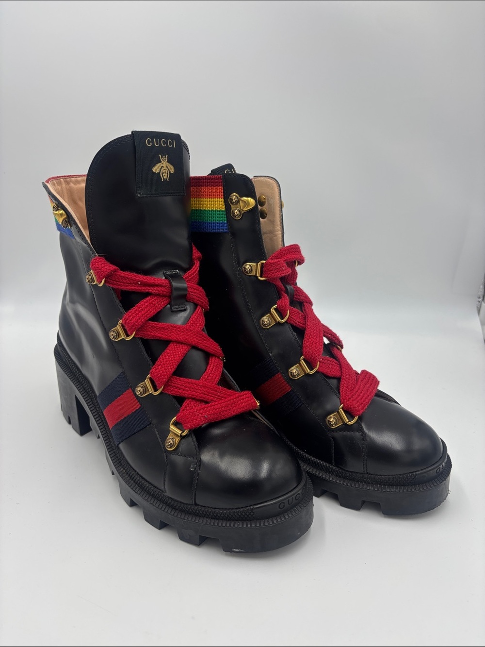 Gucci Black Leather Lace-Up Boots with Red Laces and Rainbow Web Trim